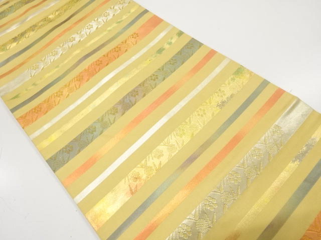 JAPANESE KIMONO / NAGOYA OBI / SILK / WOVEN STRIPE & BAMBOO VINE